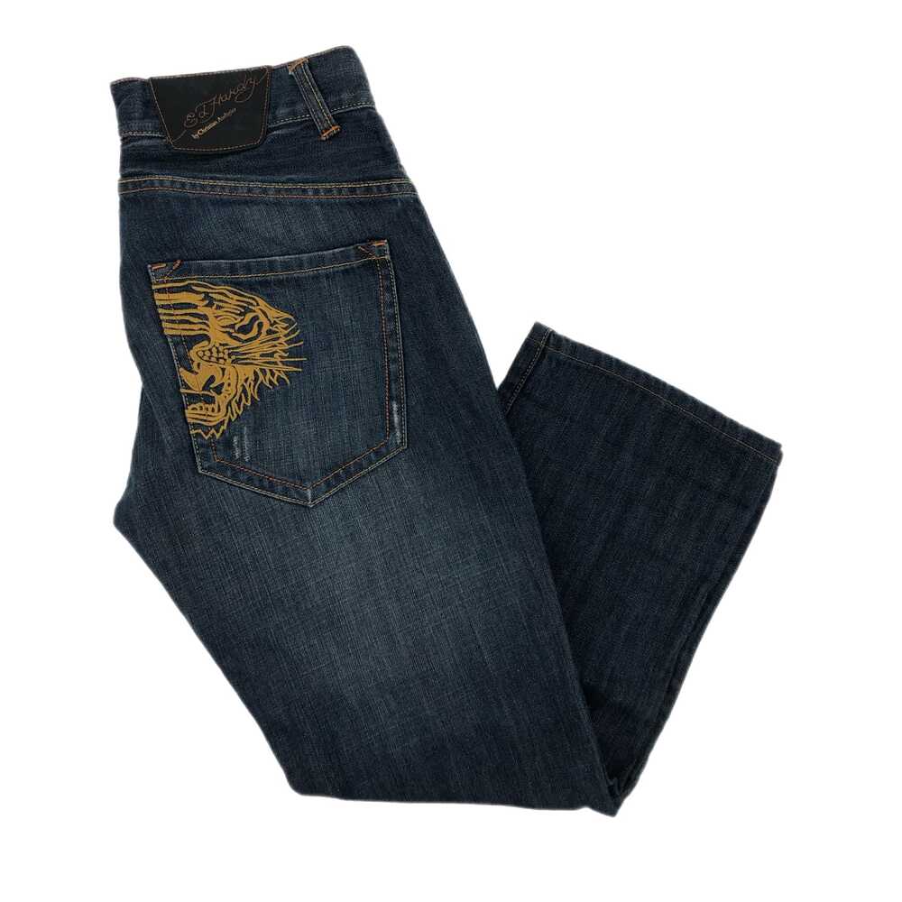 Ed Hardy Blue/Yellow Distressed Straight Leg Jeans | Good Condition